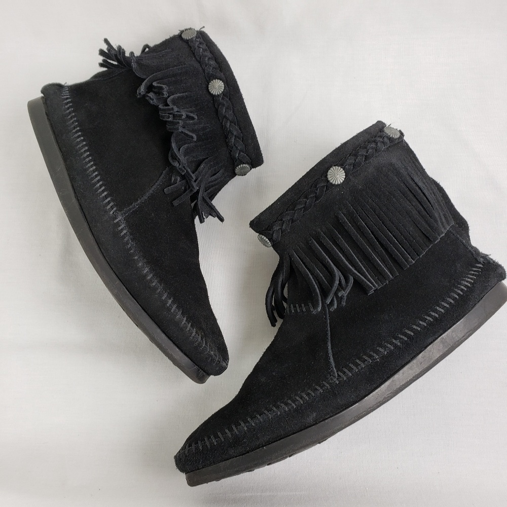 Minnetonka Suede Fringe Back-Zip Concho Bootie